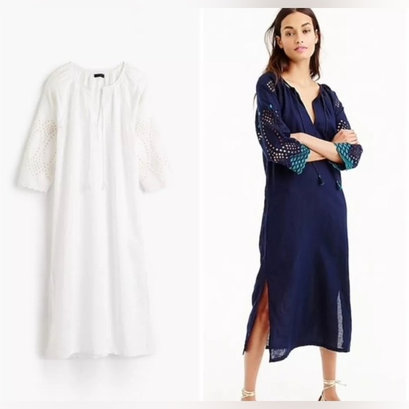 NEW J.CREW EYELET CAFTAN EMBROIDERED BEACH COVER-UP MAXI DRESS WHITE Size L